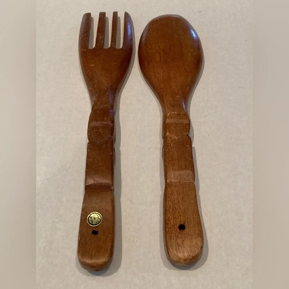 Vintage MCM Large Wooden Spoon and Fork Wall Hanging Tiki Totem Decor Lot of 4